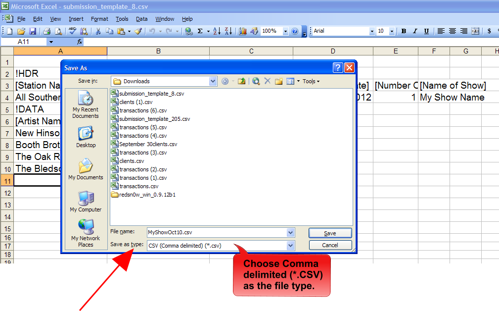 example of saving as .csv file type